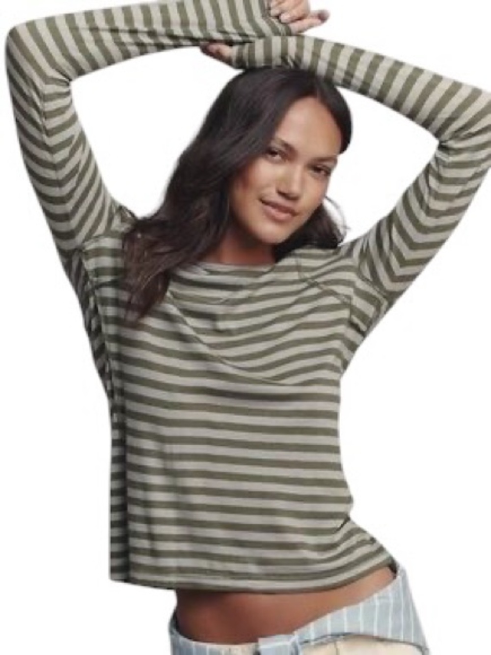 Anthropologie Pilcro Teddy Olive Green Striped Print Cotton Modal Tissue Tee - M
